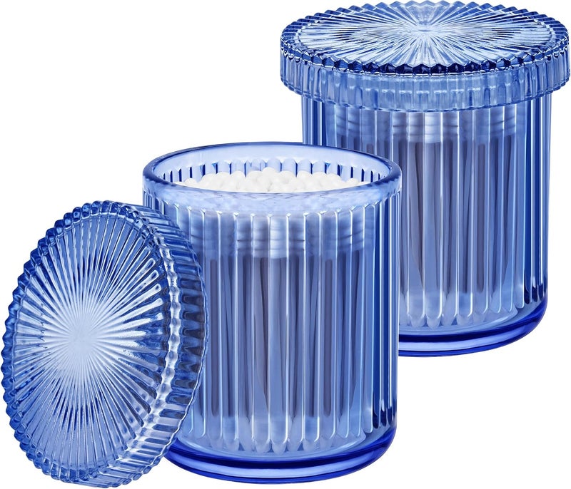 2 Pack Qtip Holder - Apothecary Jars with Lids, Bathroom Organizers and Storage Canister for Cotton Balls,Swabs,Floss Picks,Hair Ties,Clear Glass Vintage Bathroom Decor Jar Set (Blue2)